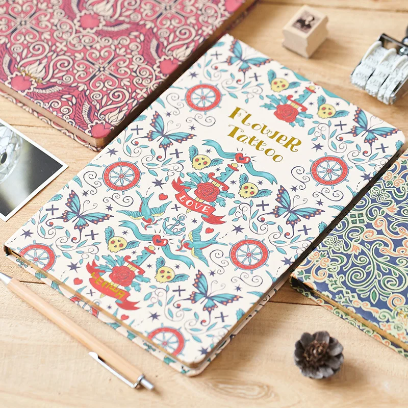 

Flower Tattoo" Big Hard Cover Diary Freenote Beautiful Vintage Retro Notebook Journal Office Supply Stationery Gift