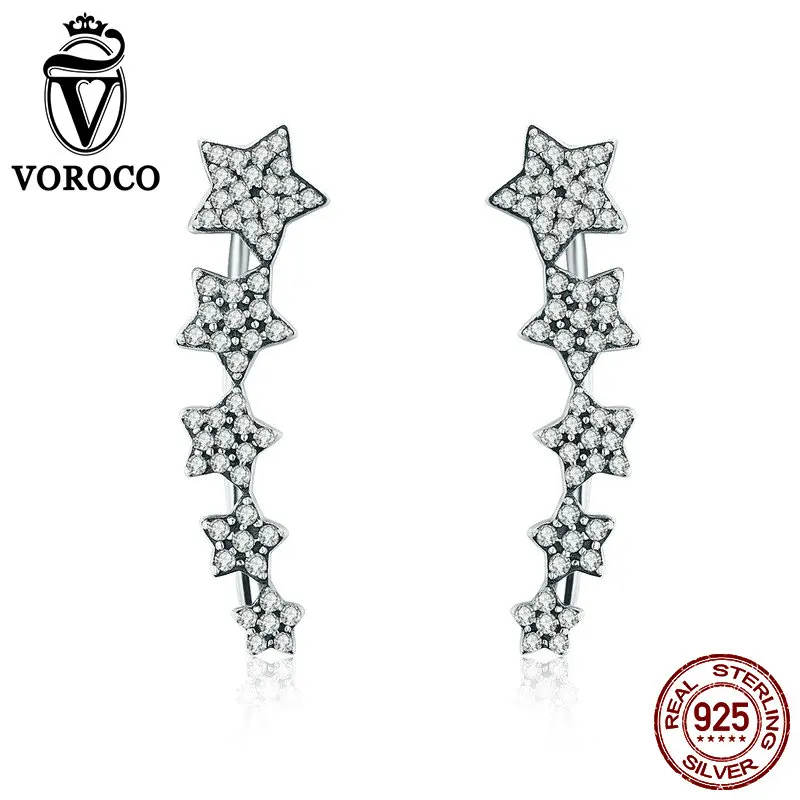 

VOROCO Genuine 925 Sterling Silver Earring Shiny Star CZ Stone Stud Earrings Woman Female Fashion Jewelry Pendientes Gift BKE284