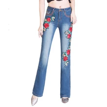 Новые женские джинсы колокольчики джинсы с кроем для женщин вышитые стрейч женские расклешенные брюки женские цветы синие джинсы