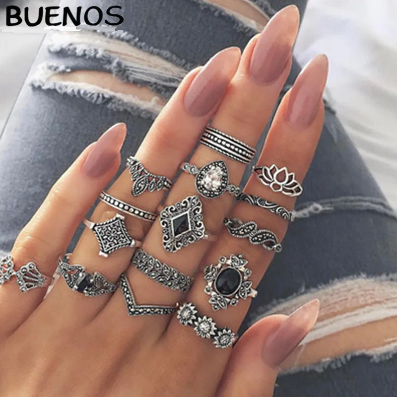 

BUENOS 15 Pcs Bohemia Restoring Ancient Geometric Lotus Sunflower Combination Set Ring Crystal Flower Leaves Hollow Women Gift