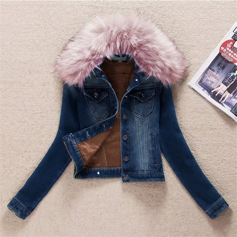 pink fur collar coat Классическая короткая джинсовая куртка осень-зима меховой воротник из джинсовой ткани женские пальто плюс Размеры верхняя одежда Для женщин теплая джинсовая куртка f368 - Цвет: pink fur collar coat