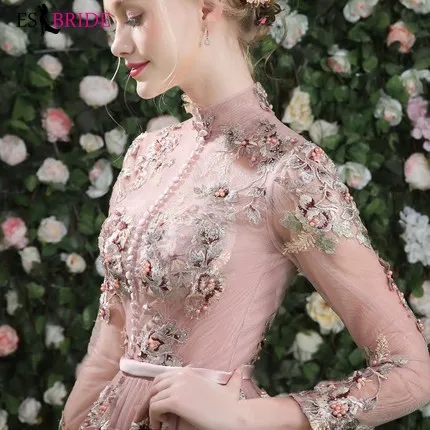 Розовое Благородное женское элегантное вечернее платье с высоким воротником и длинным рукавом с открытой спиной ТРАПЕЦИЕВИДНОЕ тонкое длинное вечернее платье ES1188