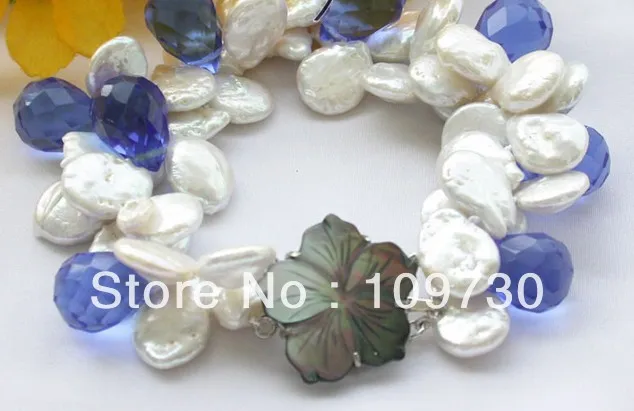 

00607 beautiful 2strands white coin pearl blue drip crystal bracelet