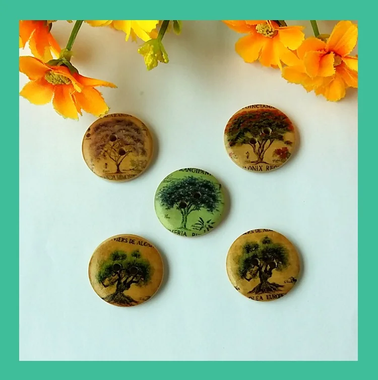 

100pcs Mixed Multicolor 25mm Trees Pattern diy craft accessories wooden buttons home decorative buttonsScrapbooking supplies