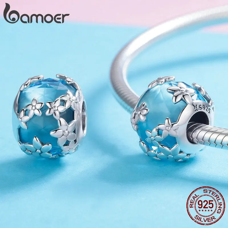 BAMOER 925 пробы серебряные ромашки цветок ромашка синий CZ хрустальные бусины Шарм подходит браслет DIY ювелирных изделий SCC878