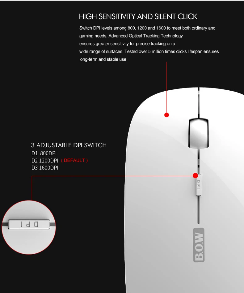 B. o. w 4,0 Беспроводная bluetooth-мышка, портативный и тонкий дизайн мыши Компьютерные с высоким пианино готовой для компьютера, ноутбука, ПК