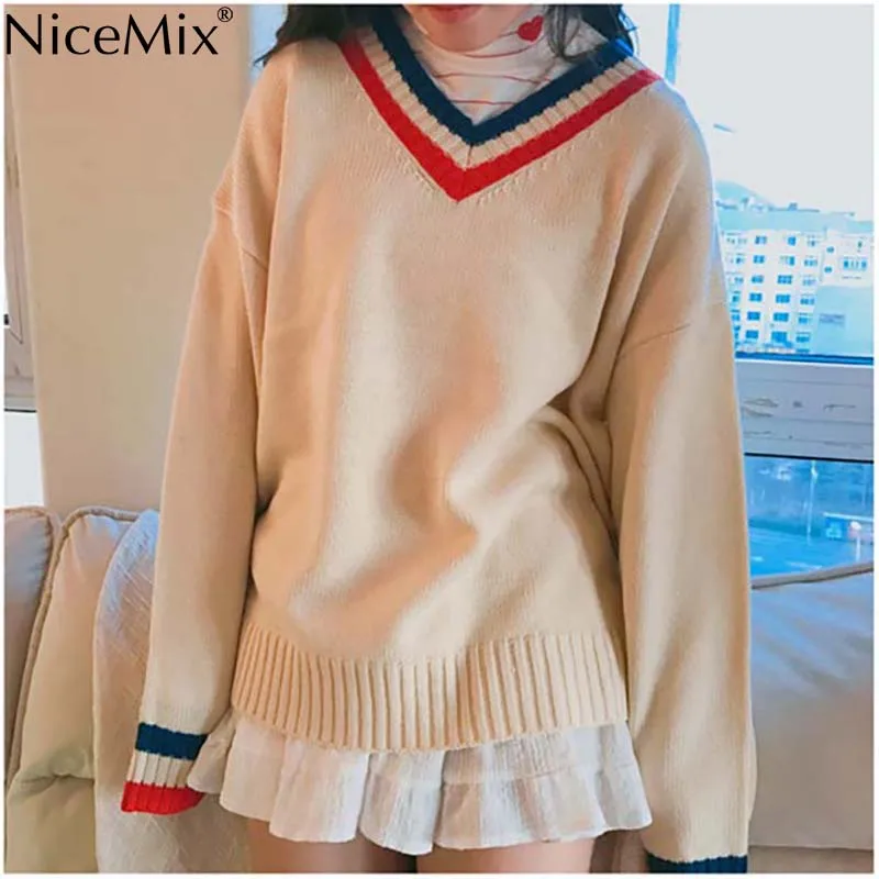 

NiceMix Harajuku Sweater Women Casual Pullovers Autumn Stripe V-neck Loose Jumpers Korean Streetwear Pull Hiver Femme 2019