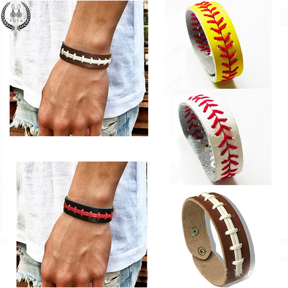 Fashion baseball leather handwoven sport bracelet Snap button wristlet