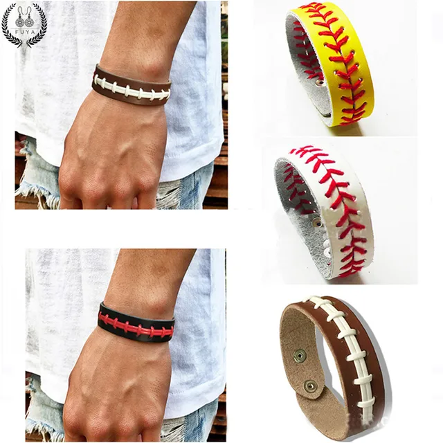 Fashion Baseball Leather Handwoven Sport Bracelet Snap On Fashion Baseball Leather Handwoven Sport Bracelet Snap On Wristlet Braces Softball Seamed Lace Cuff Bracelets For