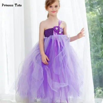 

Kids Girls Wedding Dress Purple Flower Girl Dresses Tulle Children Princess Tutu Dress For Party Pageant Festival Prom Vestido