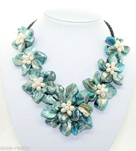 

Hot sale new Style >>>>>Fashion jewelry blue pearl and shell flower pearl necklace 18 "long
