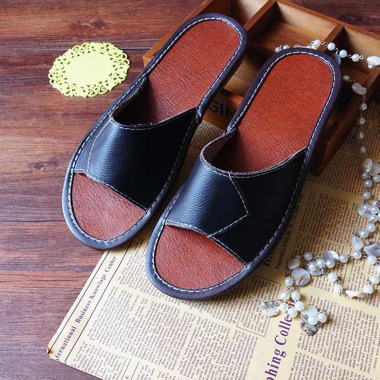 

Genuine Leather Men Slippers Spring Home Slippers High Quality Men Shoes Home Floor Shoe For Summer Couple Non-slip Slippers