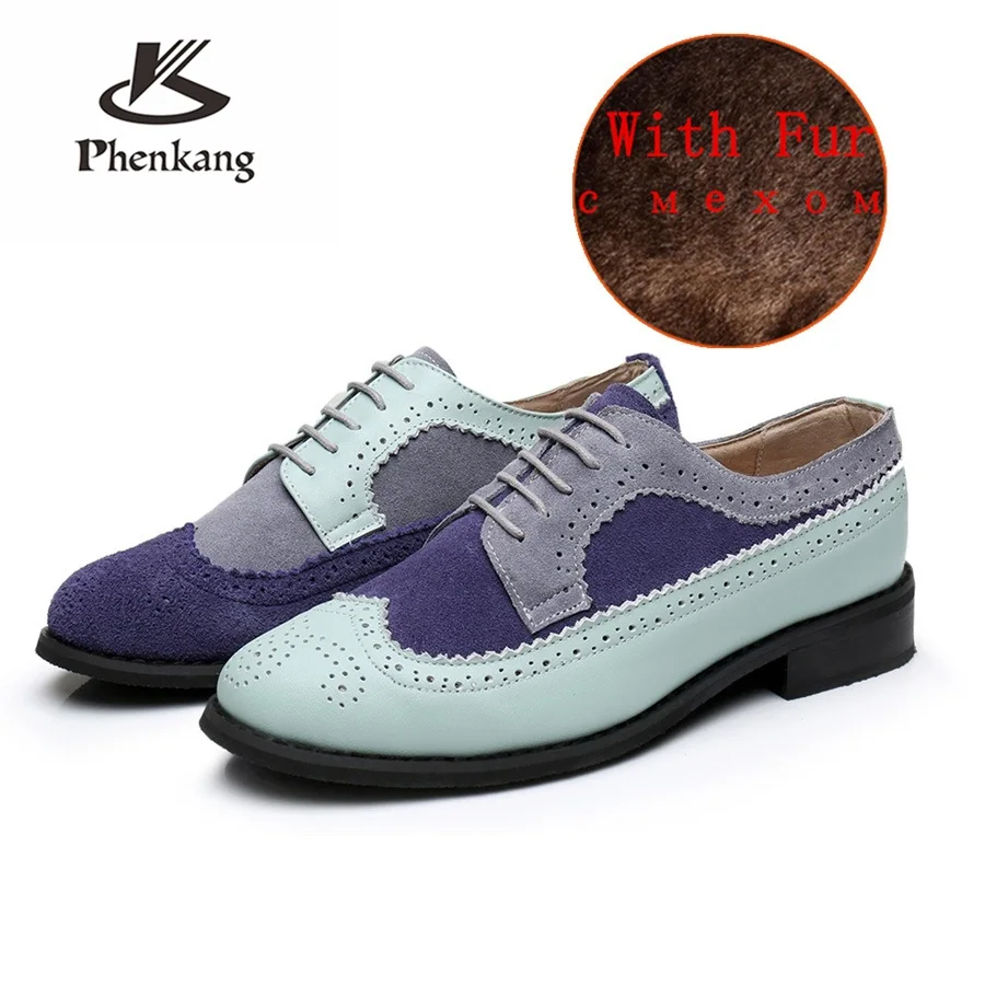 Genuine cow leather brogue men flats shoes handmade vintage casual sneakers shoes oxford shoes for men blue grey with fur - Цвет: blue grey with fur