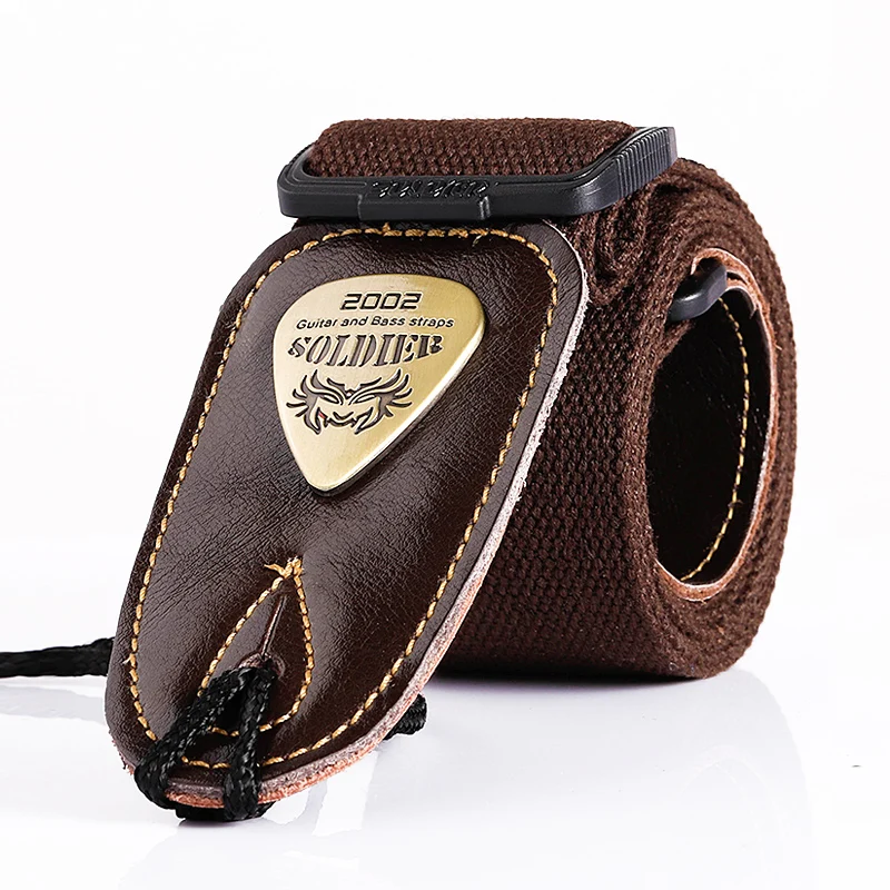 Soldier Acoustic Electric Bass Guitar Strap Black Leather Ends Belt Shoulder Personalized Metal LOGO Straps Guitar Accessories