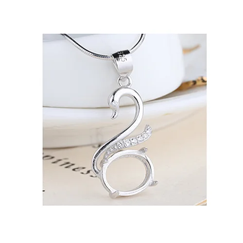 

925 Sterling Silver 8X10MM Oval Cabochon Semi Mount Pendant CZ fit Amber Agate Garnet Opal Turquoise Setting White Gold Color