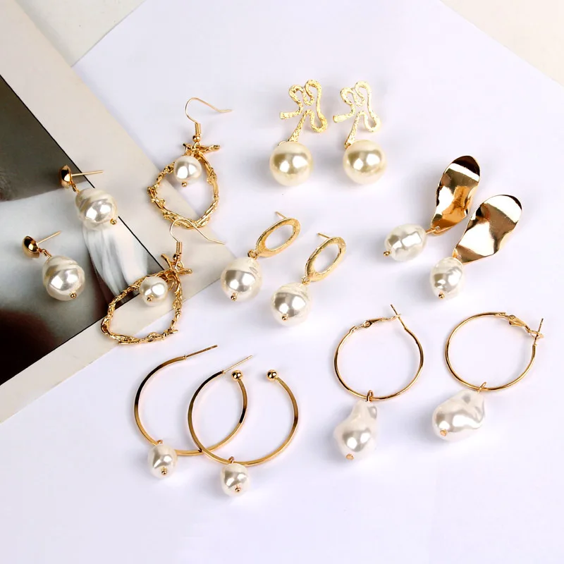 

Vintage Gold Pearl Drop Earrings For Women 2019 Brincos Geometric Dangle Earring Big DIY Wedding Irregular Pearl Earring Jewelry