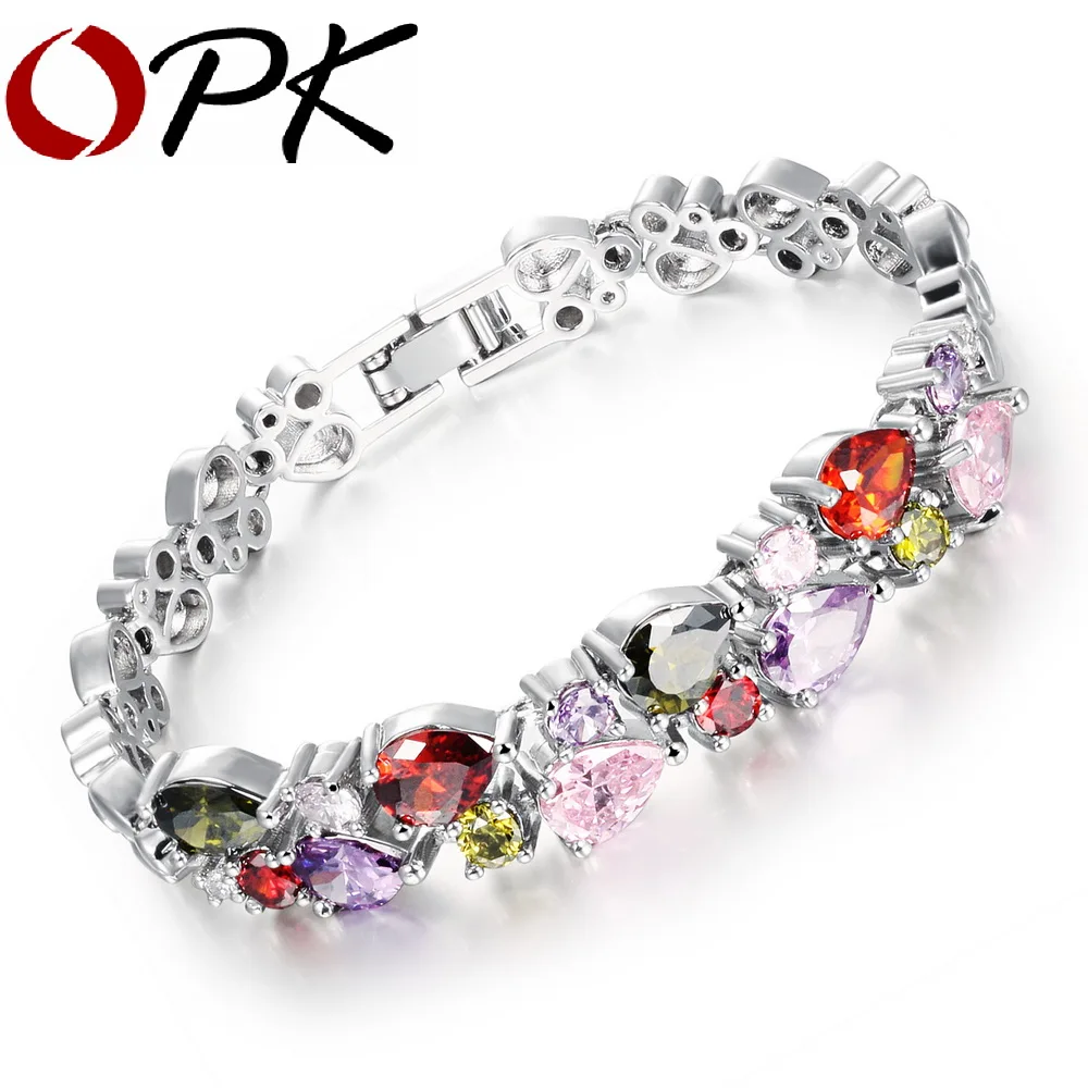 

OPK Mona Lisa Multi Color Cubic Zirconia Woman Bracelets Heart Design Gold Color /Silver Color Charm Link Chain Jewelry 950