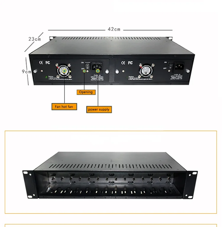 14 слот волоконно-оптический медиа конвертер шасси 2,5 мм DC 5 В мощность 2U Двойной источник питания