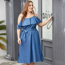 2019 NEW Original design ruffled off-the-shoulder tie with waist split fork large size women's sling denim dress 2019 NEW Original design ruffled off-the-shoulder tie with waist split fork large size women's sling denim dress
