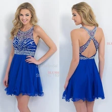 Heißer Verkauf Vestidos De Festa Blau Chiffon Perlen Kristall Pailletten Cocktailkleider Criss-cross Mi-Ni Party Kleider CX073