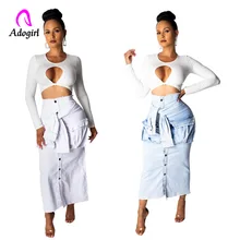 Женские сексуальные джинсовые юбки Корея Мода карман Женская длинная юбка высокая талия Badycon юбка на пуговицах винтажные рабочие юбки женские