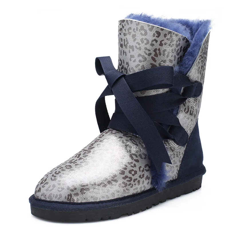 Модные зимние ботинки из натуральной овечьей кожи; шерсть; женские зимние ботинки; женские ботинки на натуральном меху; теплая обувь - Цвет: Blue Leopard