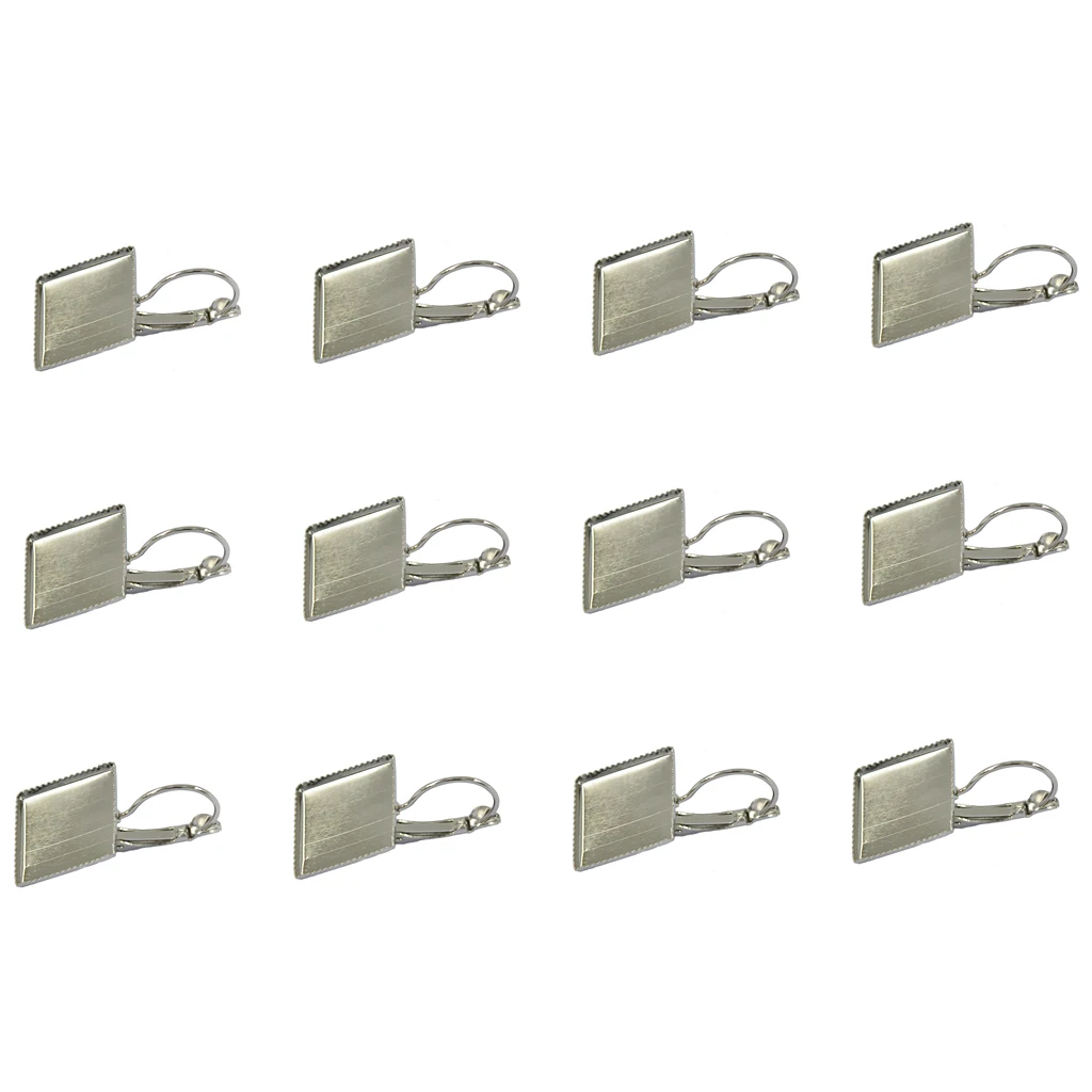 12pcs Earring Wire Hook 16mm Blank Square Bezel Cabochon Setting Silver