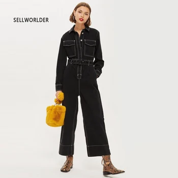 

2019 SELLWORLDER Women's Simple Solid Straight Beautiful railroad Overalls Fashionable Long Sleeves Jumpsuits