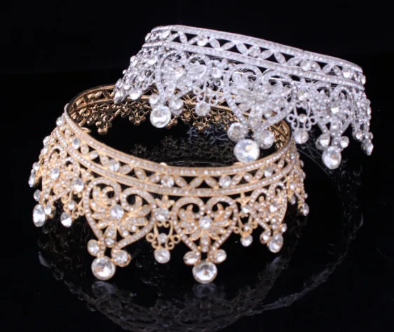 

Silver Gold Baroque Wedding Round Crown Retro Royal Queen Large Crystal Tiara For prom Wedding Pageant Queen Hair Accessories