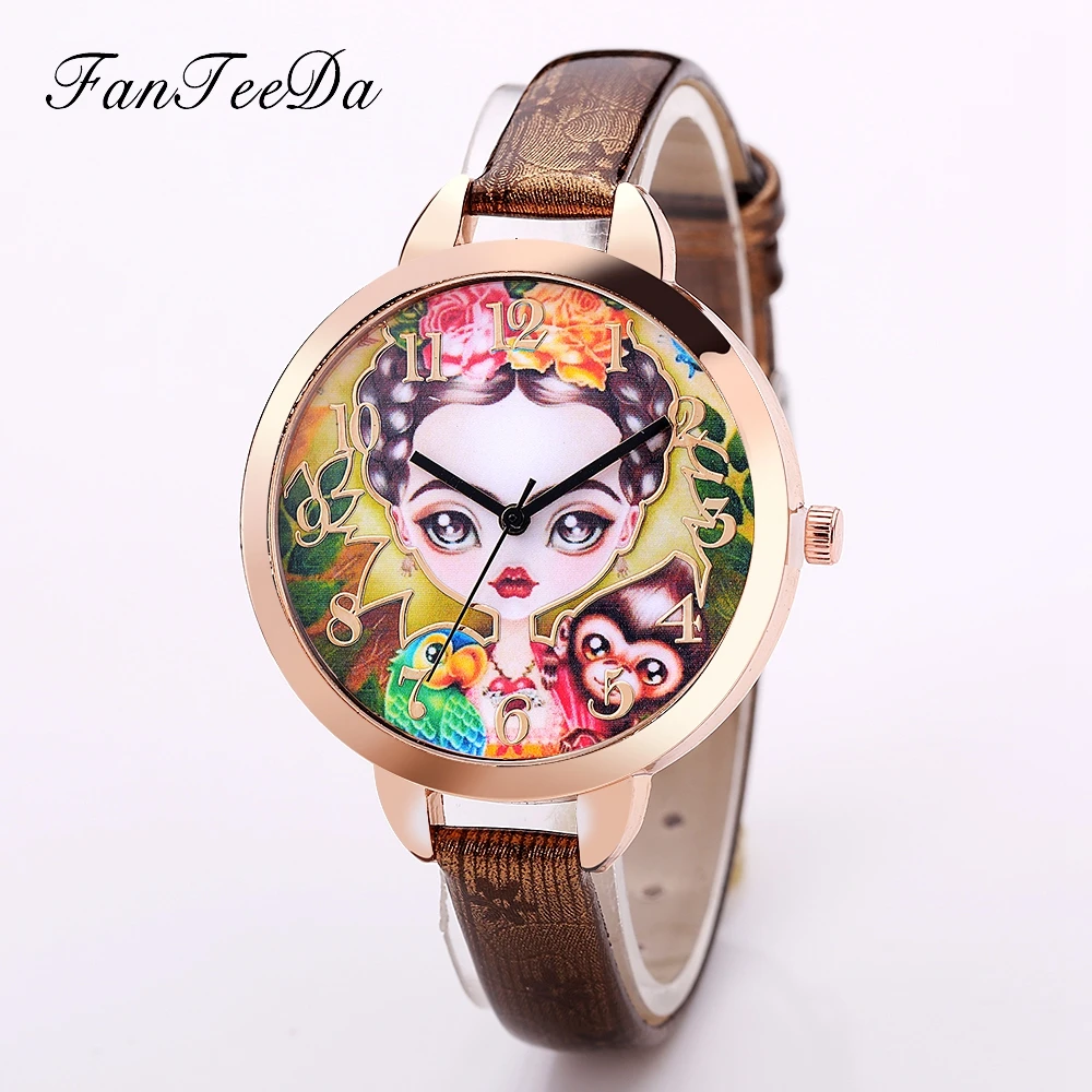 

FanTeeDa Brand Fashion Women Watches Luxury Wrist Watch Ladies Vintage Beauty Pattern Leather Quartz Female Watch Clock Hours