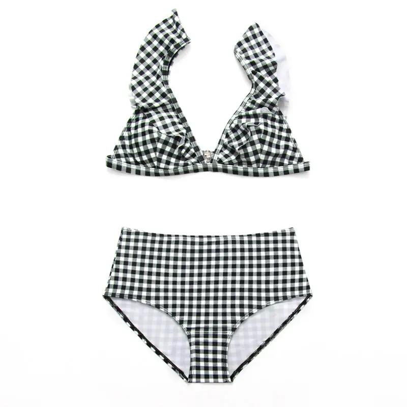 

High Waist Plaid 2018 Sexy Bikini Women Swimwear Female Ruffle Cute Patchwork Bikini Set Swimsuits Biquini Bathing Suit XL