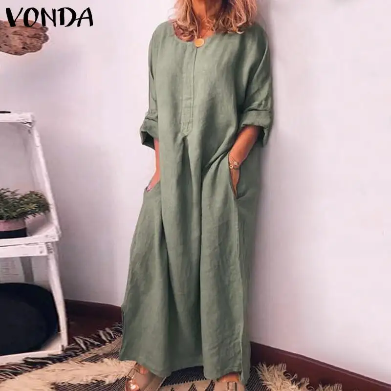€12.93 34% СКИДКА|Женское пляжное платье VONDA, винтажное платье рубашка с длинным рукавом и разрезом на подоле, Повседневный Сарафан большого размера на осень, 2019|Платья| | - AliExpress