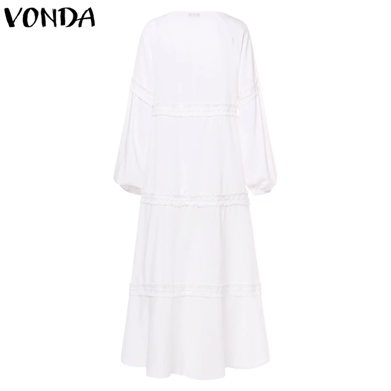 Bohemian Maxi Maternity Dress VONDA Autumn Sexy Casual Pregnancy Vestidos Lantern Sleeve V Neck Hollow Out Party Dresses