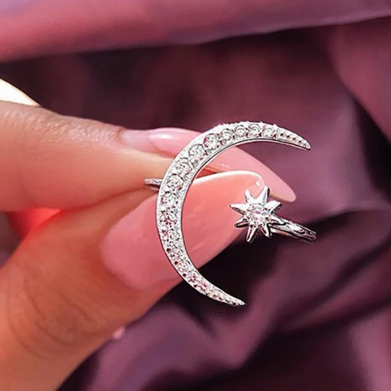 

2019 New Fashion Ring Moon & Star Dazzling Open Finger Ring For Women Girls Jewelry Pure Wedding Engagement Jewelry Gifts
