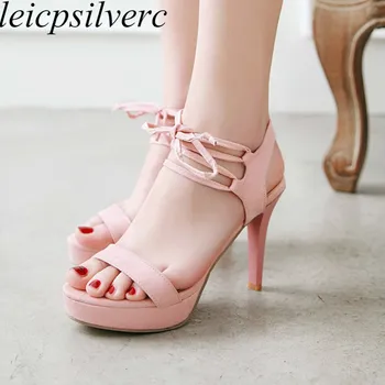 

Women's Sandals Super High Heel Platform Flock Peep Toe Thin Heels Lace Up 2019 New Sexy Fashion Party Summer Pink Big Size34-43