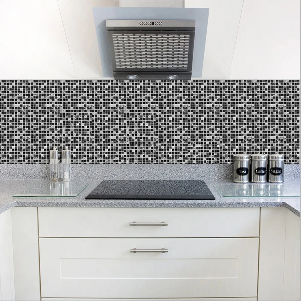 Black and White Mosaic Tile Stickers Self Adhesive Wall Sticker for Kitchen Bathroom Floor Wall Decoration