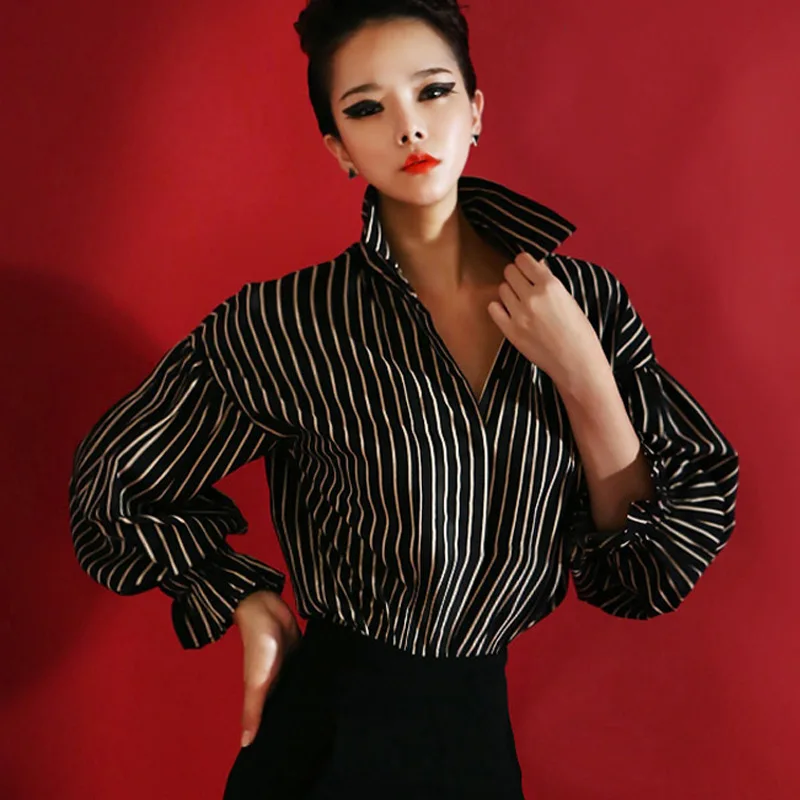 

Black and White Striped Shirt Blouse women 's Wild Base Loose Lantern Sleeve Shirt Retro Tops Shirt