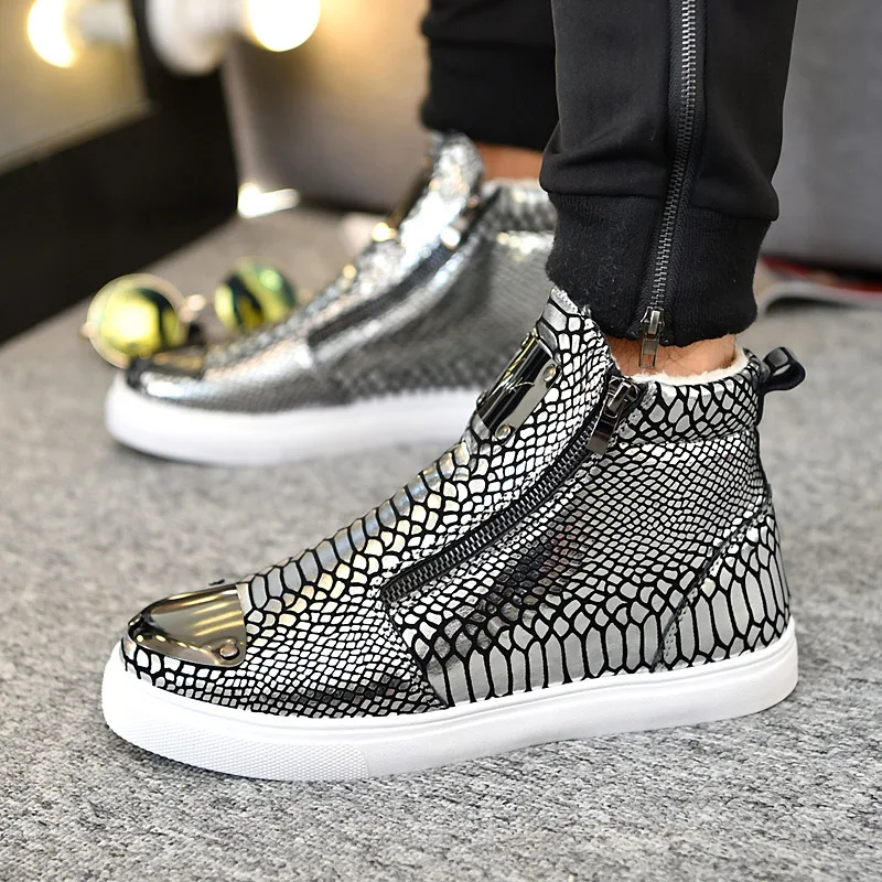 

Winter Shoes Men Fashion Bling High Top Zipper Men Sneakers Height Increasing PU Leather Fur Lined Cotton Men Shoes Size 39-44