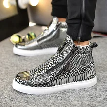 Sapatos de inverno Dos Homens Da Forma Que Bling Alta Zipper Topo Homens Das Sapatilhas Altura Crescente Couro PU Algodão Tamanho Das Sapatas Dos Homens De Pele Forrada 39-44