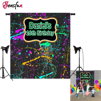 

Custom Birthday Blackboard Name Date Photocall Photography Vinyl cloth Computer Printed Neon Blast Kids Party Background