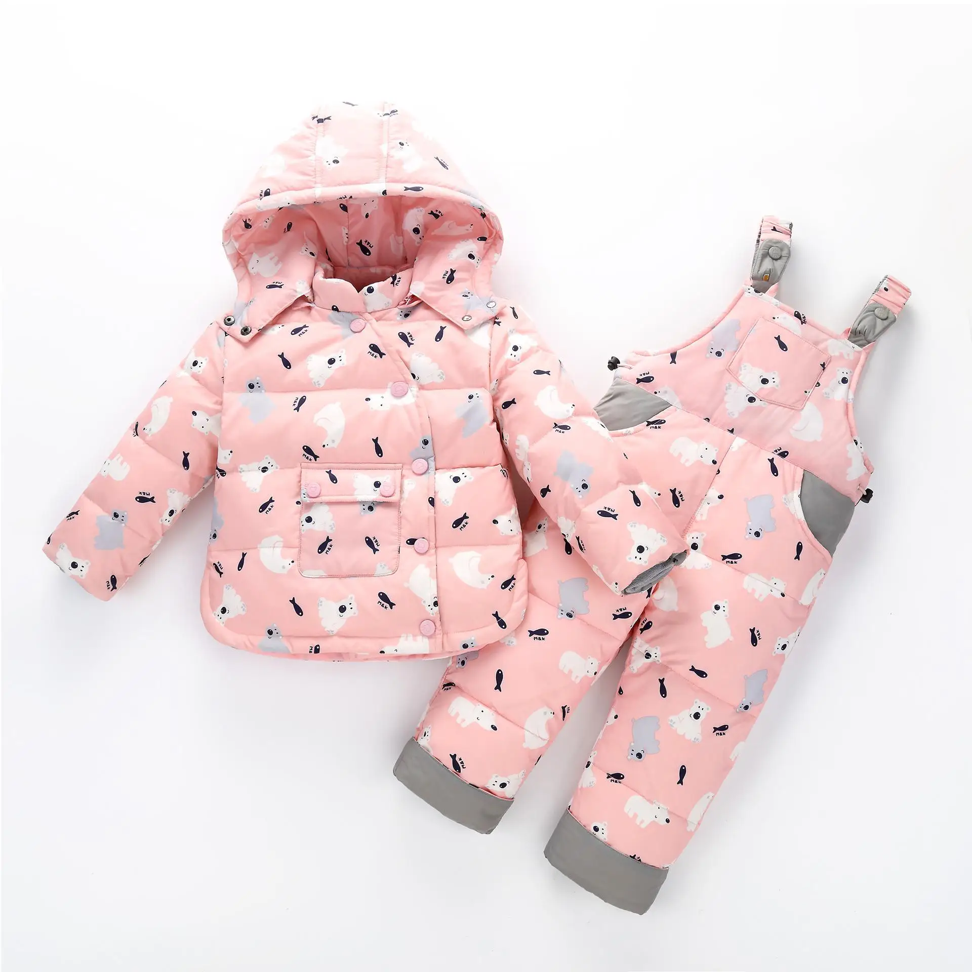 Дизайнерские комплекты зимней одежды для маленьких мальчиков и девочек милая детская одежда пуховик+ штаны Детская уличная одежда с животными комплект из 2 предметов для девочек - Цвет: pink