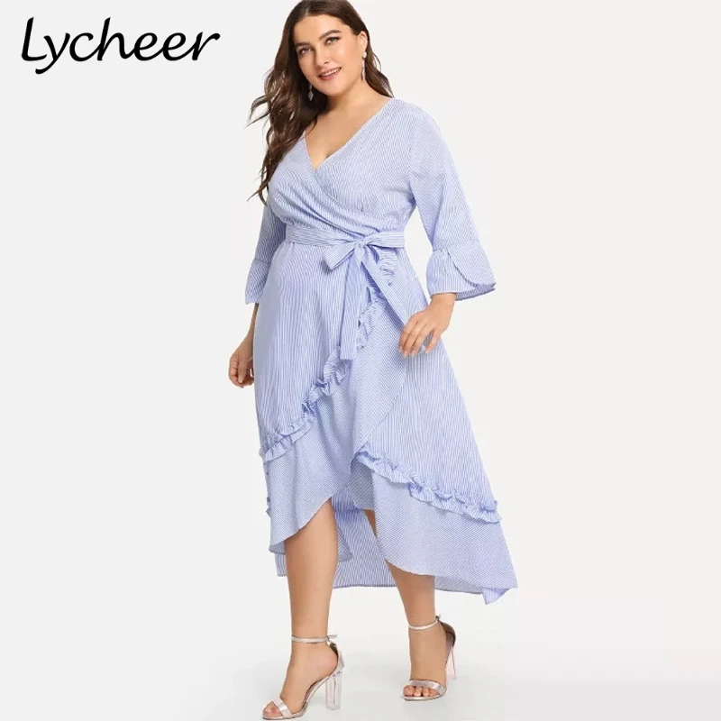 Lycheer Plus асимметричное платье рубашка в полоску платья с поясом повседневные
