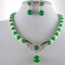 Природный жемчуг Ювелирные изделия 7-8 Белый Akoya жемчуг и зеленый камень Цепочки и ожерелья+ серьги 18 ''Люкс Серебристый ювелирные изделия