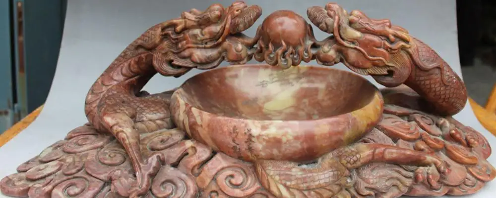 

20"Rarely Natural Shoushan Stone Two Dragon Loong Play Bead Tobacco Jar Ashtray