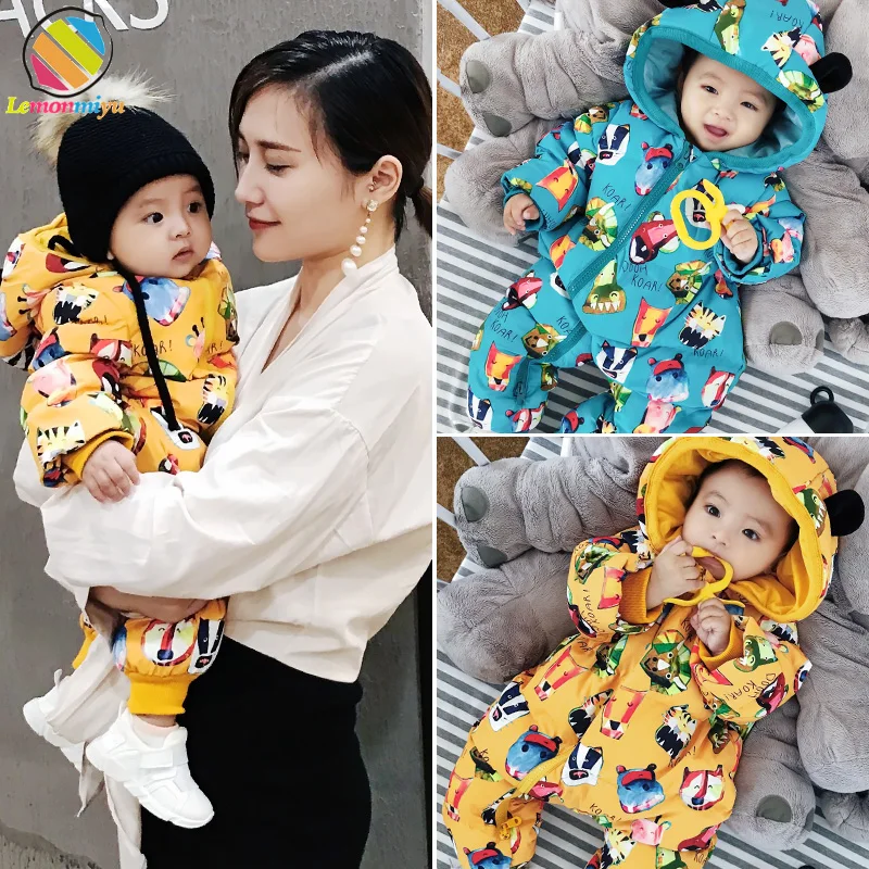 

Lemonmiyu Baby Winter Overalls For Children Cartoon Hooded Thicken Full Sleeve Rompers For Newborn Toddler Zipper Warm One-Piece
