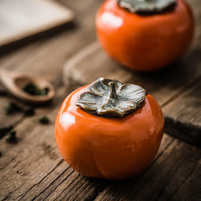 

Persimmon shape Ceramics Storage Bottle Jar with Cover Electroplating Sugar Pepper Candy Container Storage Bottle Home Organizer