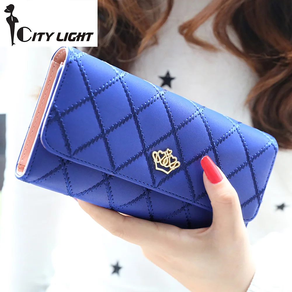 

2016 new fashion women wallets Lingge metal crown lady long wallet high quality clutch purse for women freeshipping