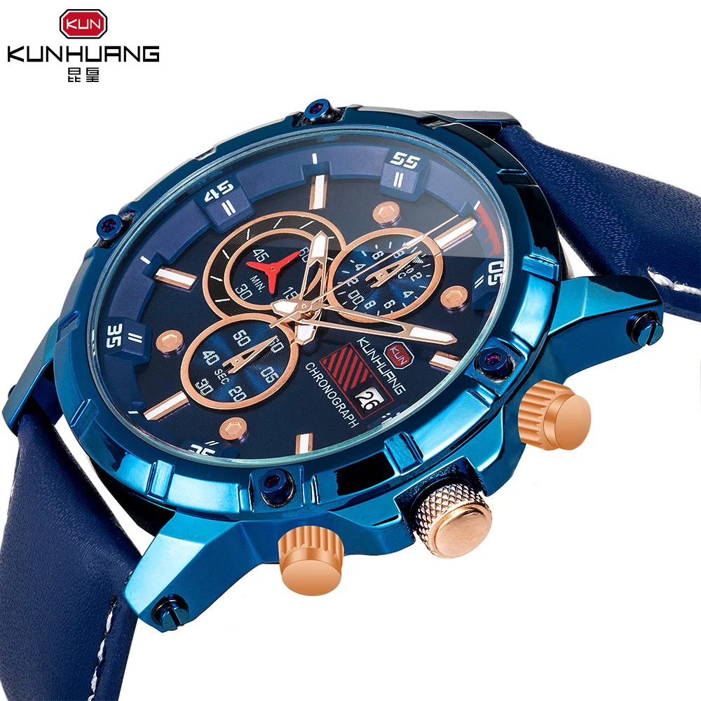

luxury men's watch kunhuang brand mens quartz wristwatches genuine leather waterproof Multifunction man watches