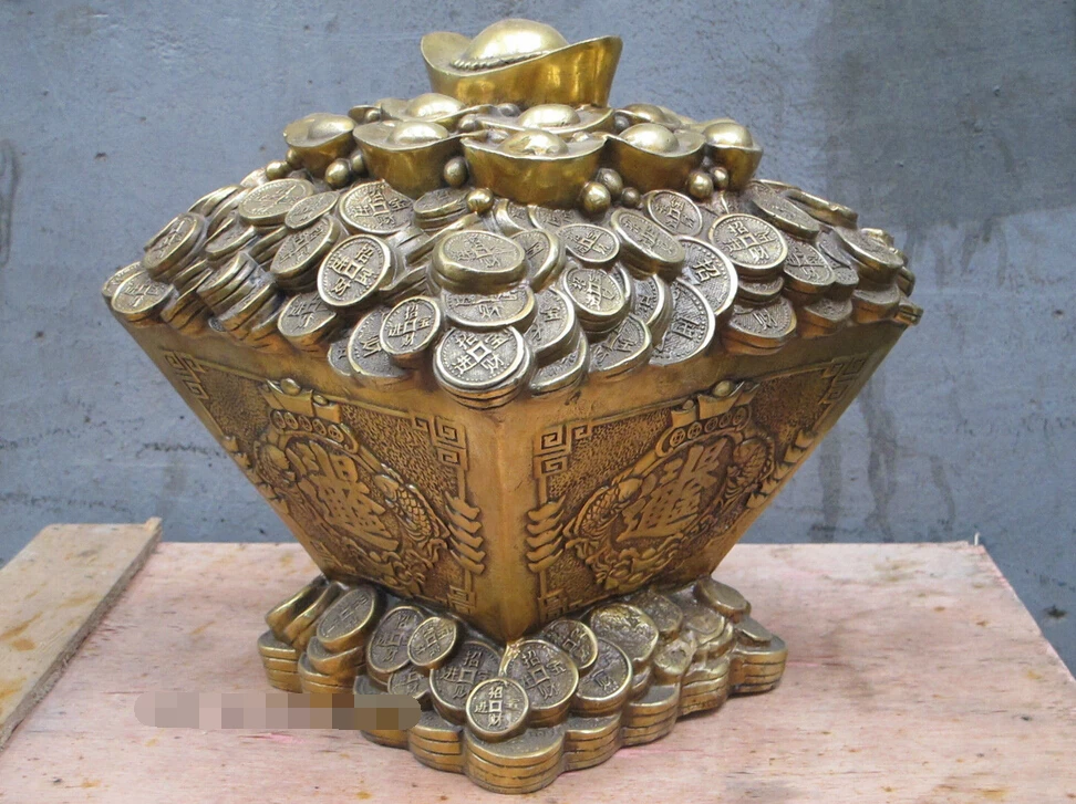 

11"Fengshui China Brass Can one day in a bucket of gold cashbox