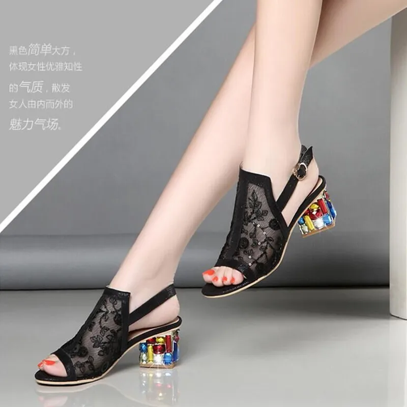 Women Sandals Block Heels Handmade Rhinestone 2019 Summer Slippers High Shoes For Plus Colorful 4255 | Обувь